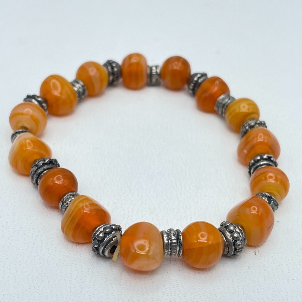 Tibetan-Style Silver-Tone Oxidized Metal Orange Agate Beads Stretch Bracelet 90s